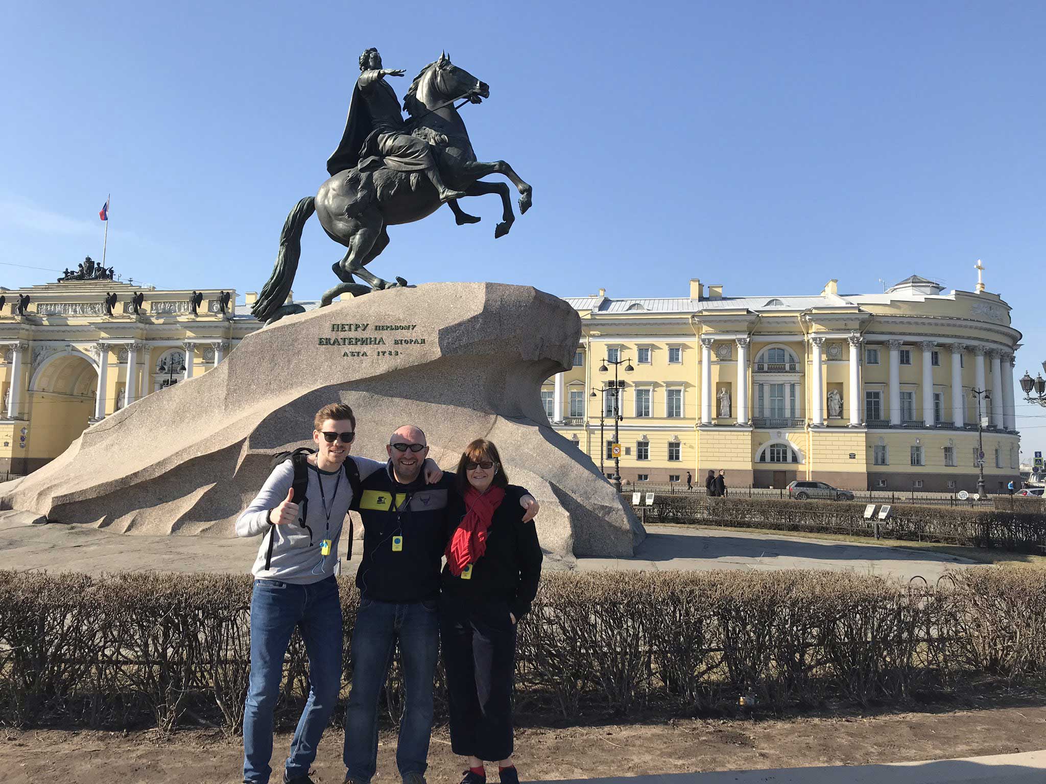 St Petersburg Russia tours: Staff having a great time at the statue of Peter the Great,...