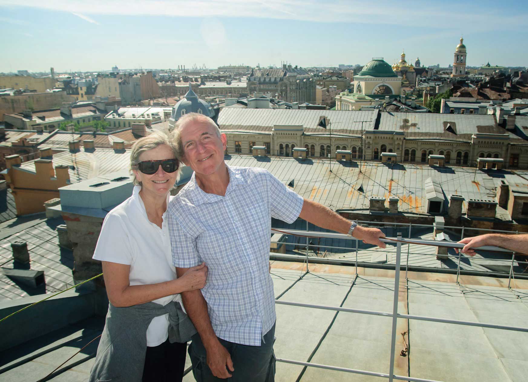 St Petersburg Russia tours: Our guests, Snezana and George Poljak, on the roofs of St....